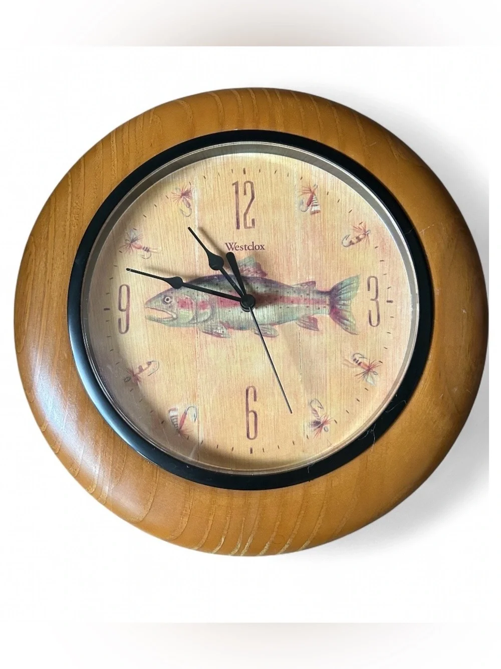 Vtg Westclox Wooden Round Wall Clock in Light Brown with Fish Motif